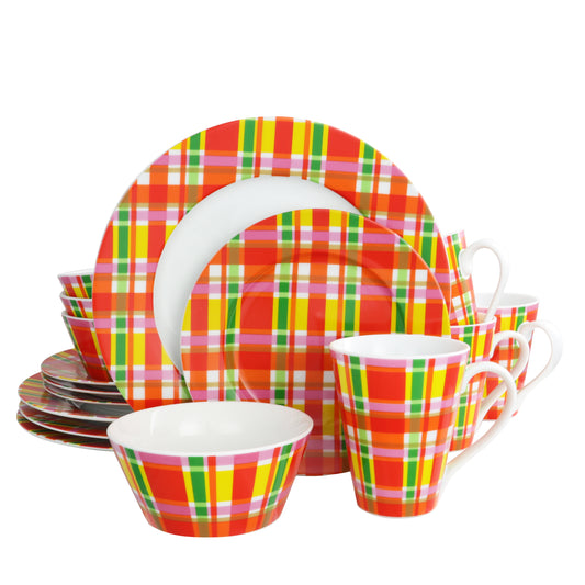 Oui by French Bull Oui by French Bull Multicolor Plaid 16 Piece Round Porcelain Dinnerware Set