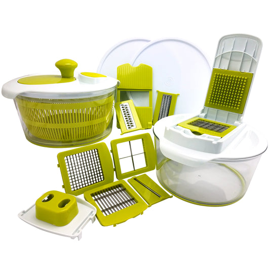 MegaChef MegaChef 10-in-1 Multi-Use Salad Spinning Slicer, Dicer and Chopper with Interchangeable Blades and Storage Lids