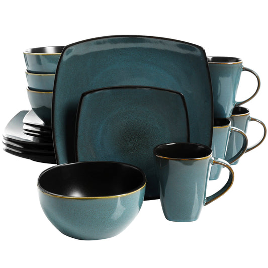 GIBSON Soho Lounge 16-Piece Soft Square Dinnerware Set in Teal Green