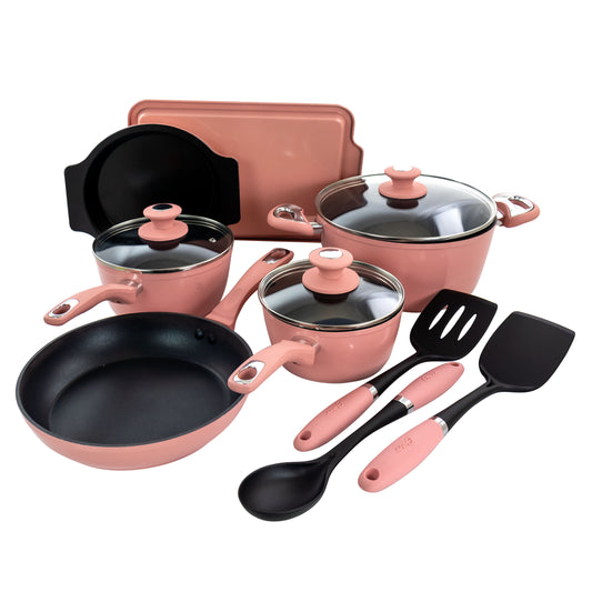 Oster Oster Lynhurst 12 Piece Nonstick Aluminum Cookware Set in Pink with Kitchen Tools