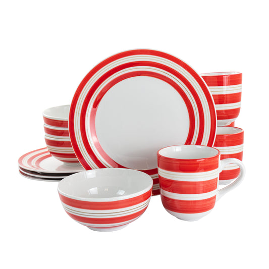 Gibson Home Gibson Home Sunset Stripes 12 Piece Round Fine Ceramic Dinnerware Set in Red