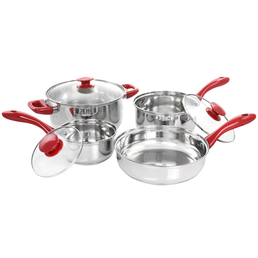 Gibson Home Gibson Home Crawson 7 Piece Stainless Steel Cookware Set in Chrome with Red Handles