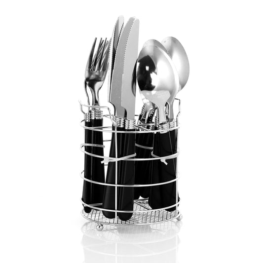 GIBSON Gibson Sensations II 16 Piece Stainless Steel Flatware Set with Black Handles and Chrome Caddy