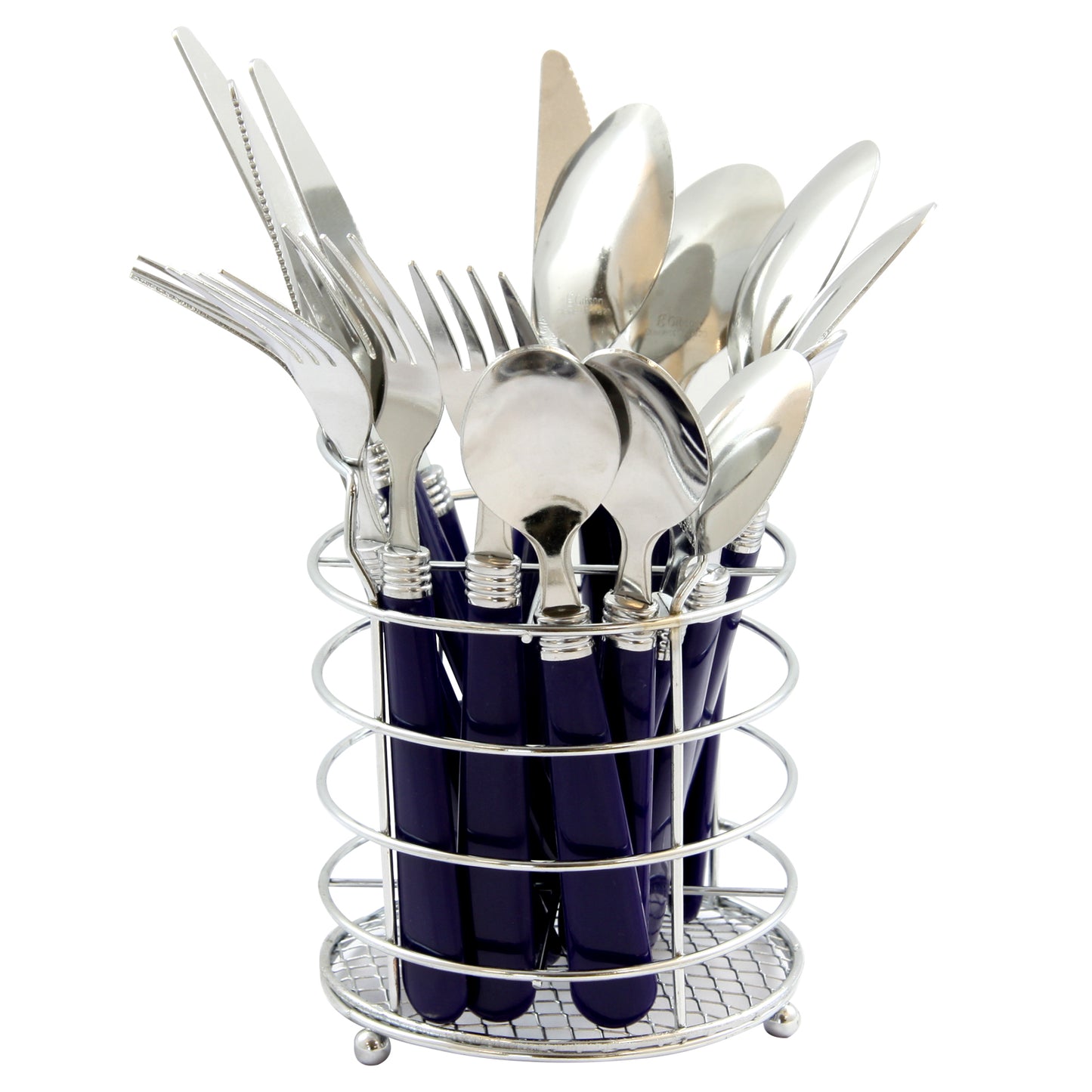 GIBSON Gibson Sensations II 16 Piece Stainless Steel Flatware Set with Cobalt Handles and Chrome Caddy