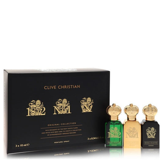 Clive Christian X by Clive Christian Gift Set -- Travel Set Includes Clive Christian 1872 Feminine Clive Christian No 1 Feminine Clive Christian X Feminine all in .34 oz Pure Perfume Sprays (Women)