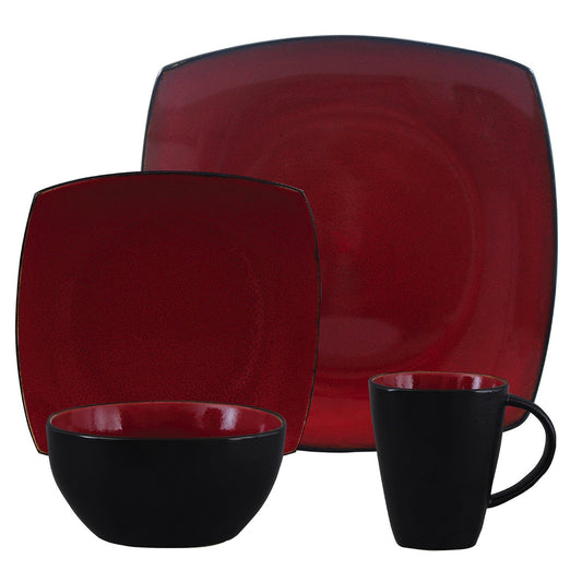 Gibson Gibson Soho Lounge 16 Piece Square Stoneware Dinnerware Set in Red and Black