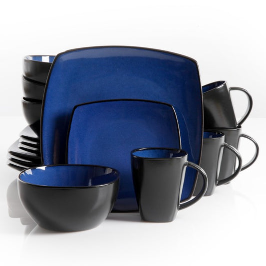 GIBSON Gibson Soho Lounge 16 Piece Square Stoneware Dinnerware Set in Blue and Black