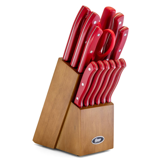 OSTER Oster Evansville 14 Piece Stainless Steel Cutlery Set with Red Handles