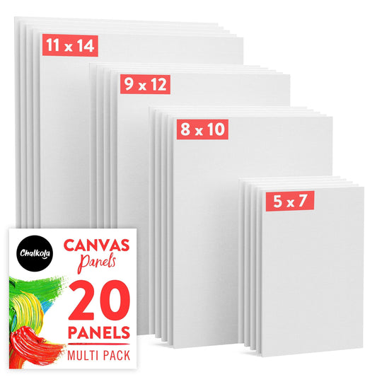 Chalkola Canvas for Painting - (20 Bulk Pack, 5x7, 8x10, 9x12, 11x14 inch) | 100% Cotton Panels, Primed Blank Canvases for Painting for Kids & Adults - Paint Canvas Boards for Acrylic, Oil, Watercolor