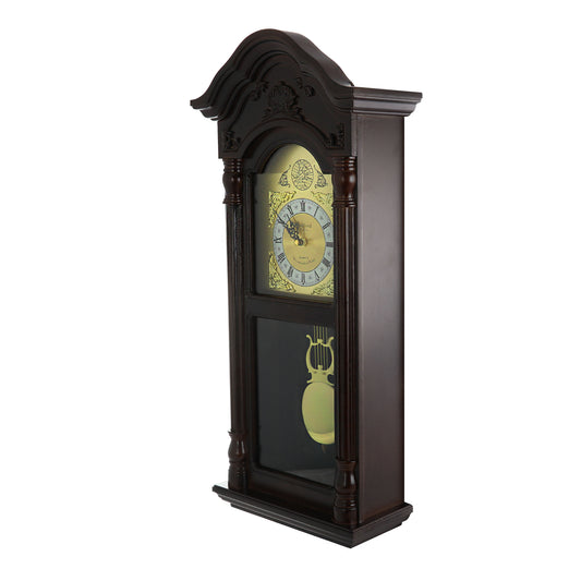 BEDFORD CLOCK COLLECTION Bedford Clock Collection 25.5 Inch Antique Mahogany Cherry Oak Chiming Wall Clock with Roman Numerals