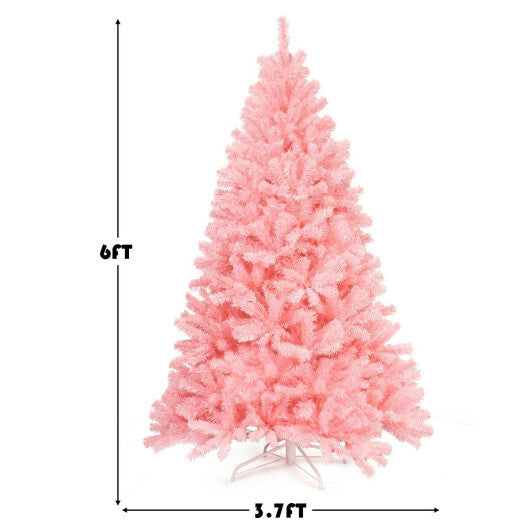 6 Feet Pink Artificial Hinged Spruce Full Christmas Tree with Foldable Metal Stand