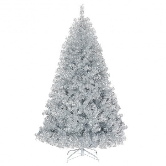 6 Feet Hinged Unlit Artificial Silver Tinsel Christmas Tree with Metal Stand