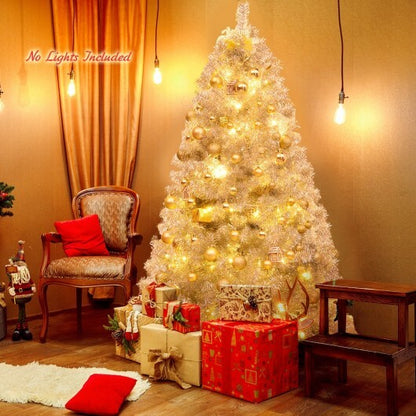 6 Feet Hinged Unlit Artificial Silver Tinsel Christmas Tree with Metal Stand