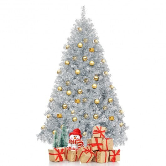 6 Feet Hinged Unlit Artificial Silver Tinsel Christmas Tree with Metal Stand