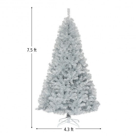 7.5 Ft Hinged Unlit Artificial Silver Tinsel Christmas Tree