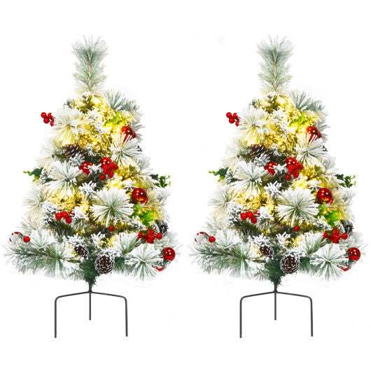 2 Feet Set of 2 Pre-lit Pathway Flocked Christmas Trees Battery Powered