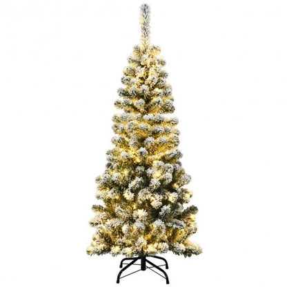 4.5 Feet Pre-Lit Snow Flocked Pencil Christmas Tree with 150 LED Light