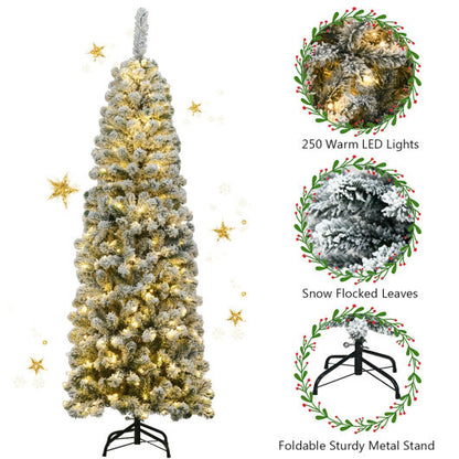 6 Feet Pre-lit Snow Flocked Artificial Pencil Christmas Tree with 250 LED Lights