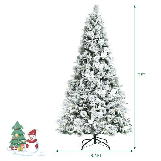 7 Feet Snow Flocked Christmas Tree with Poinsettia Flowers