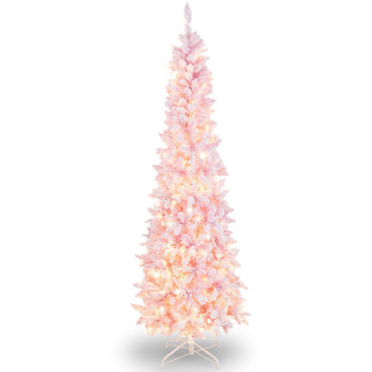 7 Feet Pre-Lit Snow Flocked Hinged Pencil Christmas Tree with 300 Lights and 8 Modes