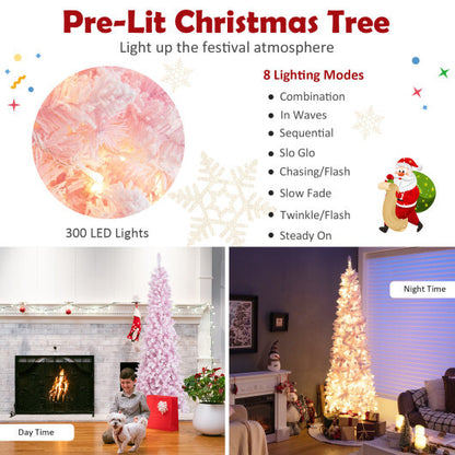 7 Feet Pre-Lit Snow Flocked Hinged Pencil Christmas Tree with 300 Lights and 8 Modes