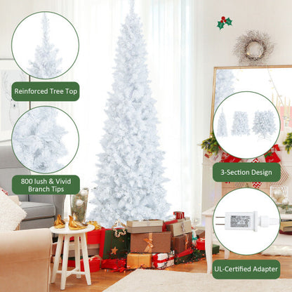 7 Feet Pre-Lit Hinged Pencil Christmas Tree White with 300 LED Lights and 8 Flash Modes