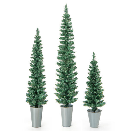 Set of 3 Potted Artificial Christmas Tree with Silver Metal Buckets