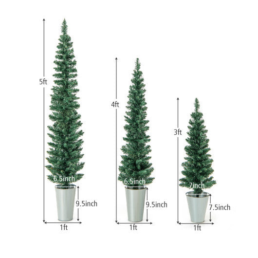 Set of 3 Potted Artificial Christmas Tree with Silver Metal Buckets