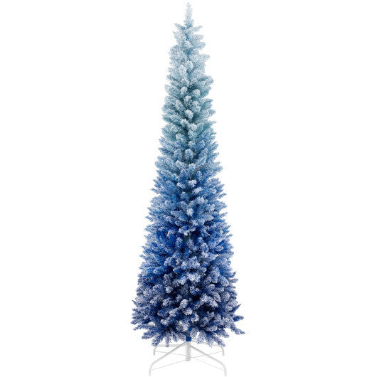 7 Feet Blue Gradient Snow Flocked Artificial Christmas Tree-Blue