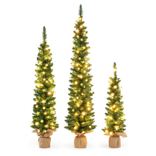 Set of 3 Pre-Lit Artificial Christmas Trees with 415 Green Branch Tips