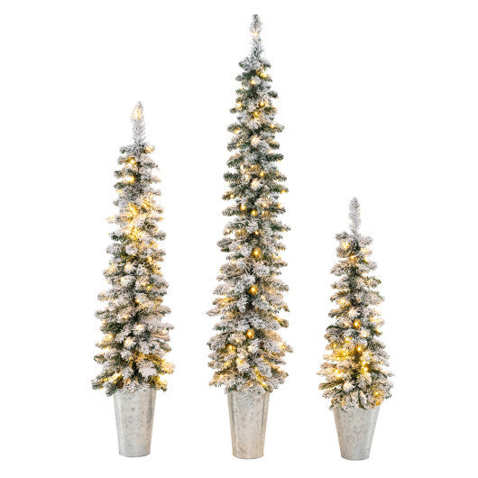 Set of 3 Pre-Lit Snow Flocked Artificial Christmas Trees witrh 423 Branch Tips