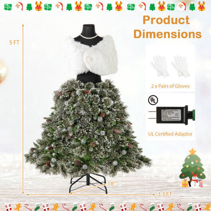 5 FT Pre-lit Mannequin Artificial Christmas Tree Hinged Dress Form Xmas Tree with 465 Branch Tips