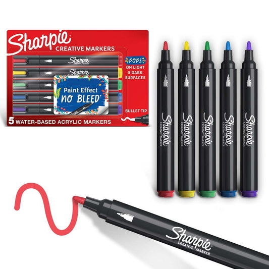 Sharpie Creative Markers, Water-Based Acrylic Markers, Bullet Tip, Assorted Colors, 5 Count