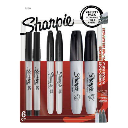 Sharpie Permanent Markers, Multi-Tip Pack, Fine/Ultra Fine/Chisel Tip, Black, 6 Count