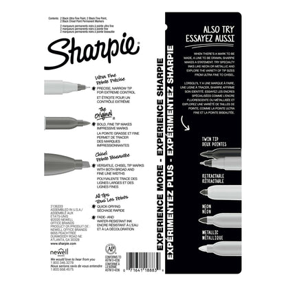 Sharpie Permanent Markers, Multi-Tip Pack, Fine/Ultra Fine/Chisel Tip, Black, 6 Count