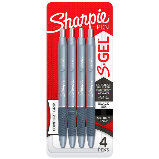 Sharpie S-Gel, Gel Pens, Medium Point - 0.7 mm, Frost Blue Barrel, Black Gel Ink Pens, 4 Count