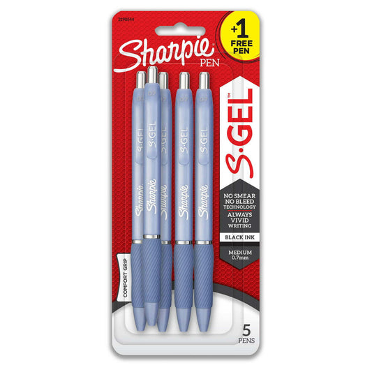 Sharpie S-Gel, Gel Pens, Medium Point 0.7 mm, Black Gel Ink Pens, Blue Barrel, 4 + 1 Bonus, 5 Count