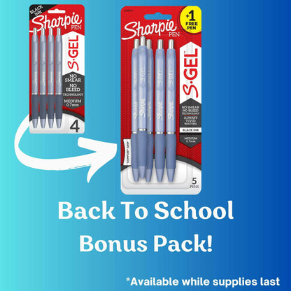 Sharpie S-Gel, Gel Pens, Medium Point 0.7 mm, Black Gel Ink Pens, Blue Barrel, 4 + 1 Bonus, 5 Count