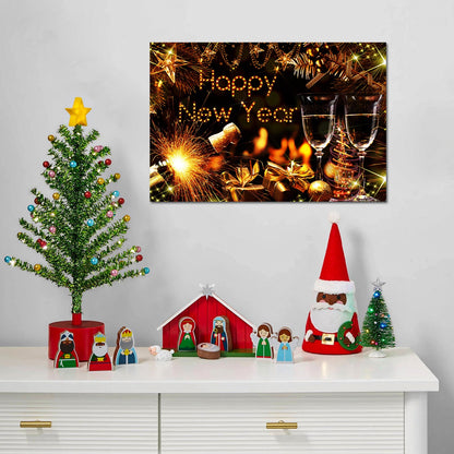 1PCS Framed Canvas Wall Art Decor Painting For New Year, Golden Happy New Year Bless Champagne Gift Painting For New Year Gift, Decoration For Chrismas Eve Office Living Room-4028in- Thickness 1.5inch