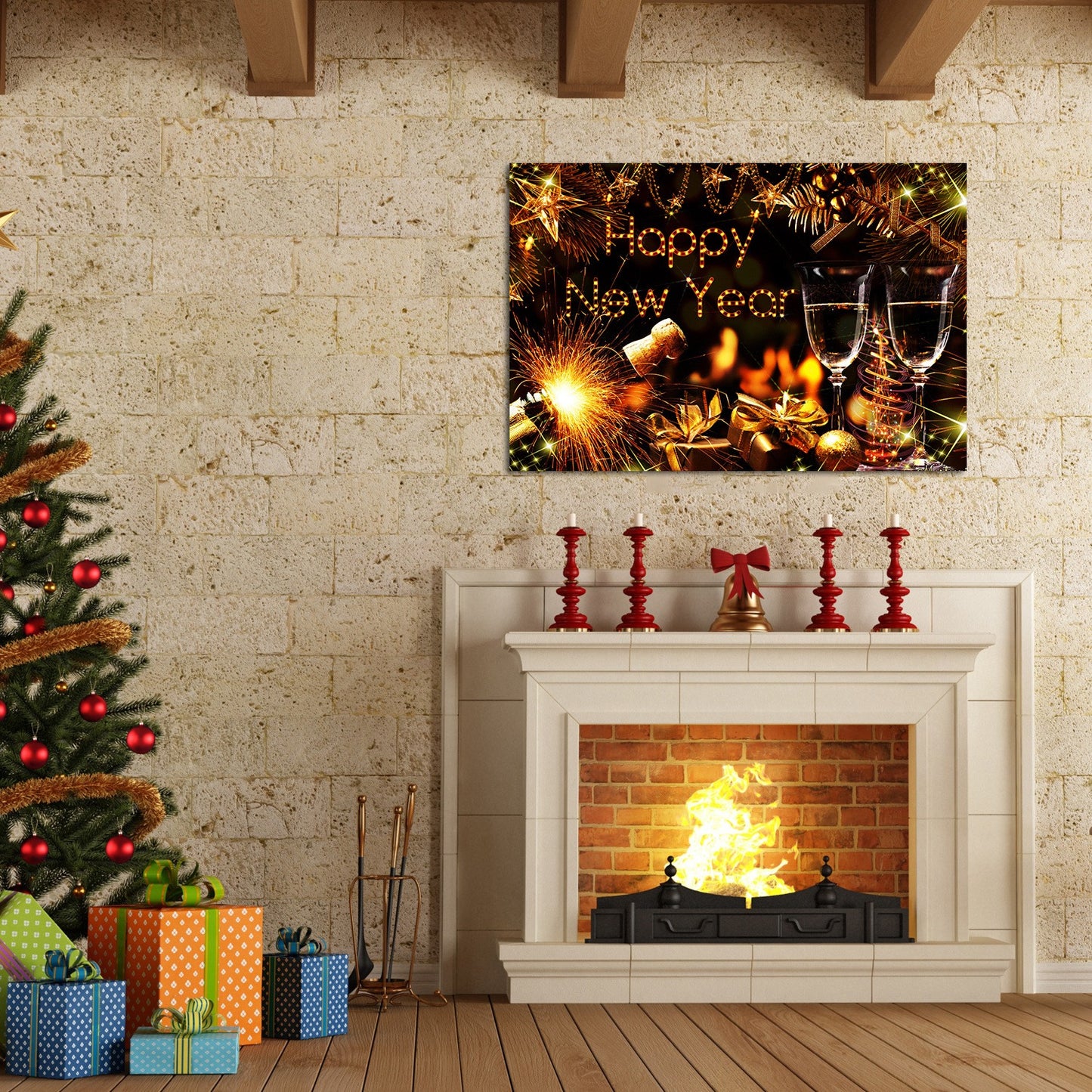 1PCS Framed Canvas Wall Art Decor Painting For New Year, Golden Happy New Year Bless Champagne Gift Painting For New Year Gift, Decoration For Chrismas Eve Office Living Room-4028in- Thickness 1.5inch