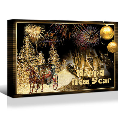 1pcs Framed Canvas Wall Art Decor Painting For New Year, Golden Happy New Year Gift Painting For New Year Gift, Decoration For Chrismas Eve Office Living Room, Bedroom Decor-2418in- Thickness 1.5inch