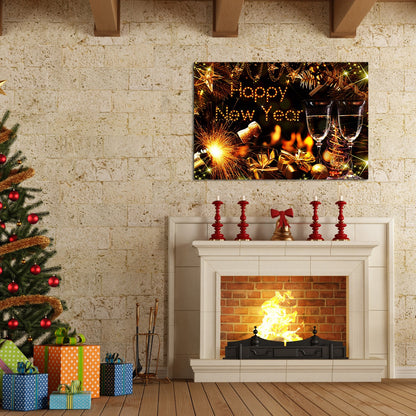 1PCS Framed Canvas Wall Art Decor Painting For New Year, Golden Happy New Year Bless Champagne Gift Painting For New Year Gift, Decoration For Chrismas Eve Office Living Room-2418in- Thickness 1.5inch