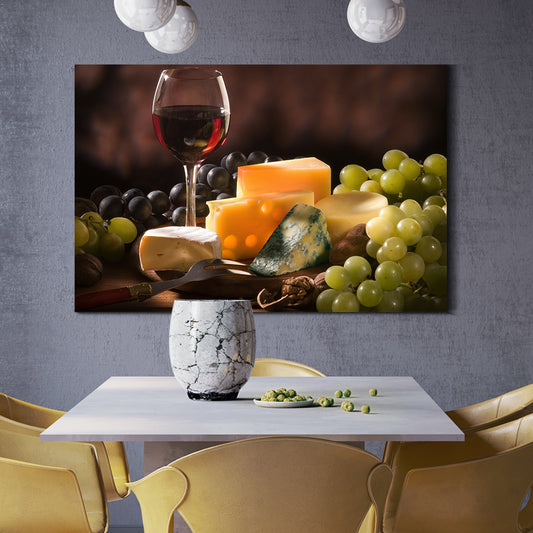 Framed Canvas Wall Art Decor Painting, Still Life Grape, Wine and Cheese Painting Decoration For Restaurant, Kitchen, Dining Room, Office Living Room, Bedroom Decor-3624in -thickness 1.5inch