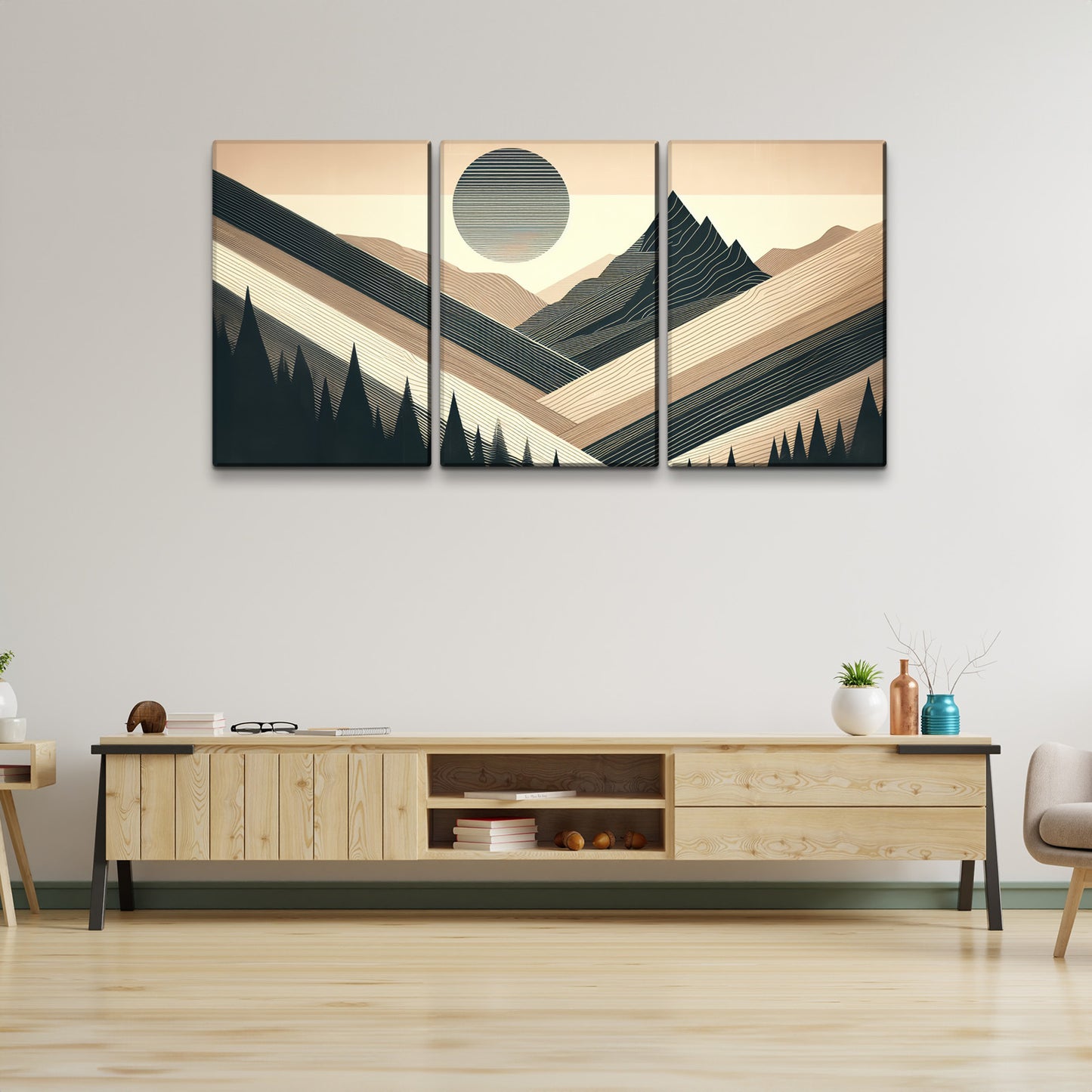 3 Panels Framed Abstract Wood Grain Boho Style Mountain & Forest Canvas Wall Art Decor,3 Pieces Mordern Canvas Painting for Office,Dining room,Living room, Bedroom Decor-1218in-Thickness 1.5inch