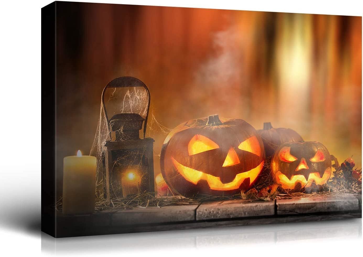 1pcs Drop-Shipping Framed Canvas Wall Art Decor Painting For Halloween, Jack-o-lanterns Painting For Halloween Gift, Decoration For Halloween Living Room, Bedroom Decor-4028in- Thickness 1.5inch