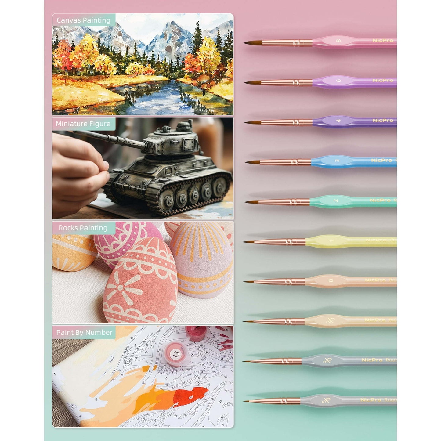 Nicpro 10 Pcs Micro Fine Detail Paint Brush Set, Macaron Pastel Small Miniature Fine Tip Detail Brushes Kit for Acrylic Oil Watercolor, Craft, Models, Rock Painting, Paint by Number