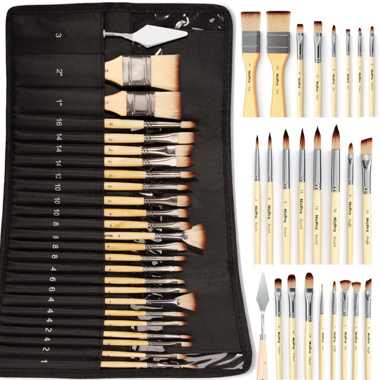 Nicpro 24 Pcs Paint Brushes Set, Paint Brushes for Acrylic Painting, Art Supplies for Watercolor & Gouache Kids Adults, Painting Supplies with Cloth Roll and Palette Knife, Gift Package