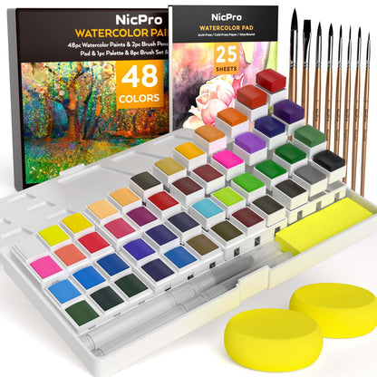 Nicpro 48 Colors Watercolor Paint Set with 8 Pcs Painting Brushes, 25 Sheet Water Color Paper, 2 Water Brush Pens, Palette, Sponge, Art Supplies Kit with Gift Box