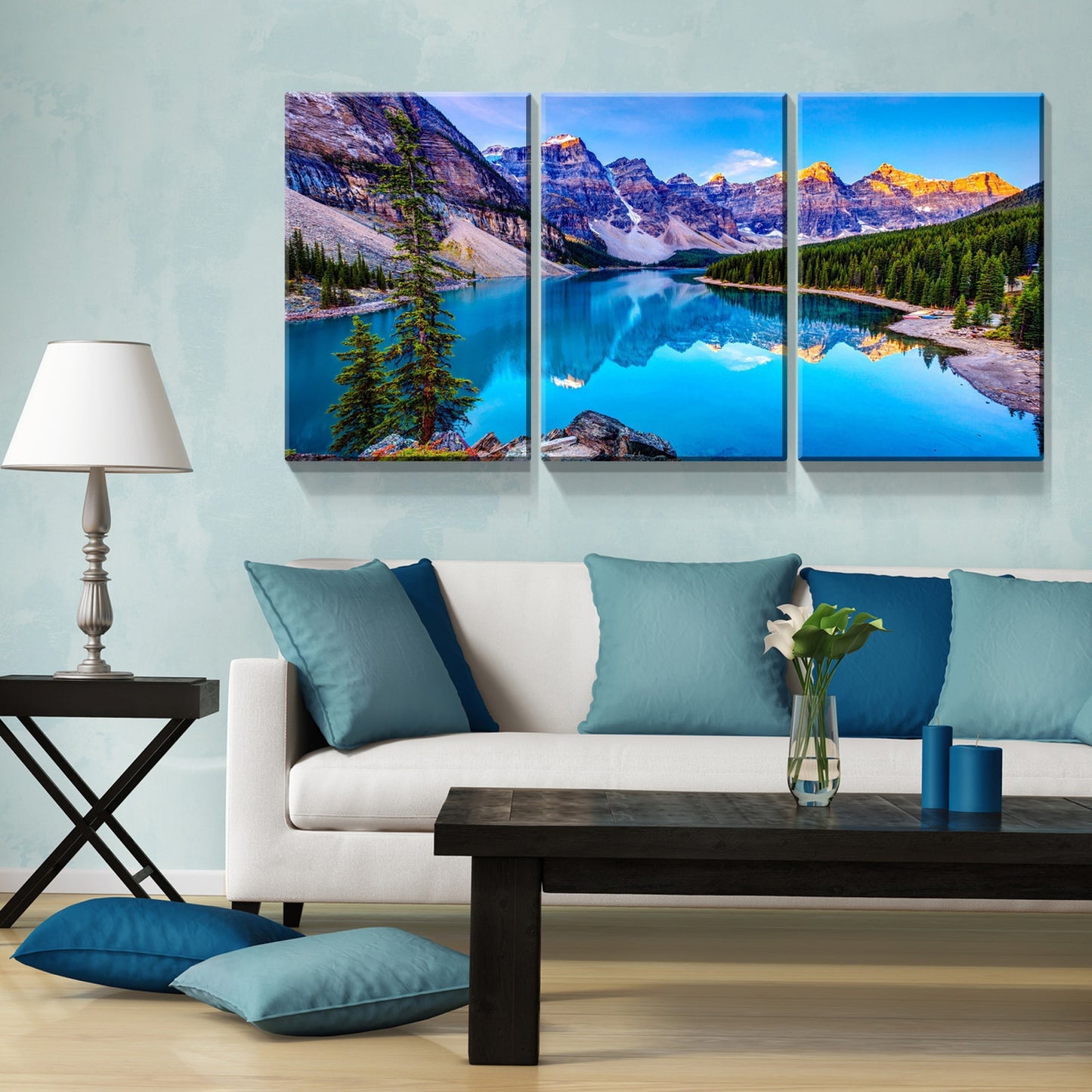 3 Panels Framed Nature Landscape Mountain & Lake Canvas Wall Art Decor,3 Pieces Mordern Canvas Decoration Painting for Office,Dining room,Living room, Bedroom Decor-Ready to Hang