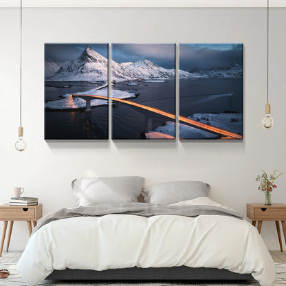 3 Panels Framed Bridge Above Ice Sea Canvas Wall Art Decor,3 Pieces Mordern Canvas Decoration Painting for Office,Dining room,Living room, Bedroom Decor-Ready to Hang